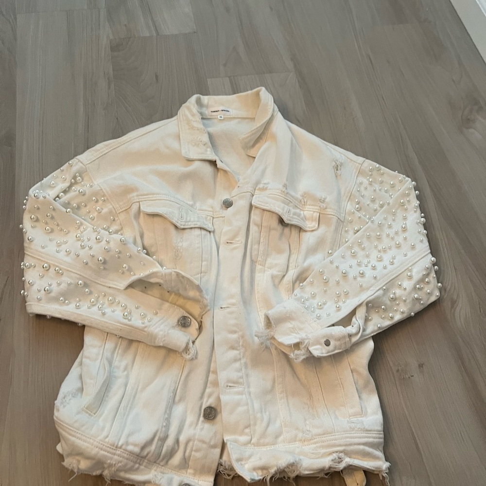 Women's White Pearl Embellished Denim Jacket